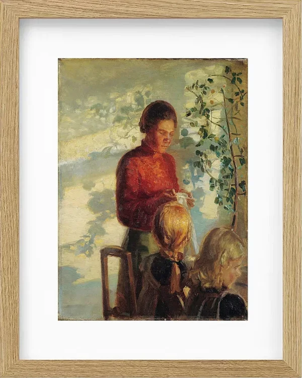Anna Ancher - Zwei kleine Mädchen lernen das Nähen 1910 | Giclée Kunstdruck gerahmt