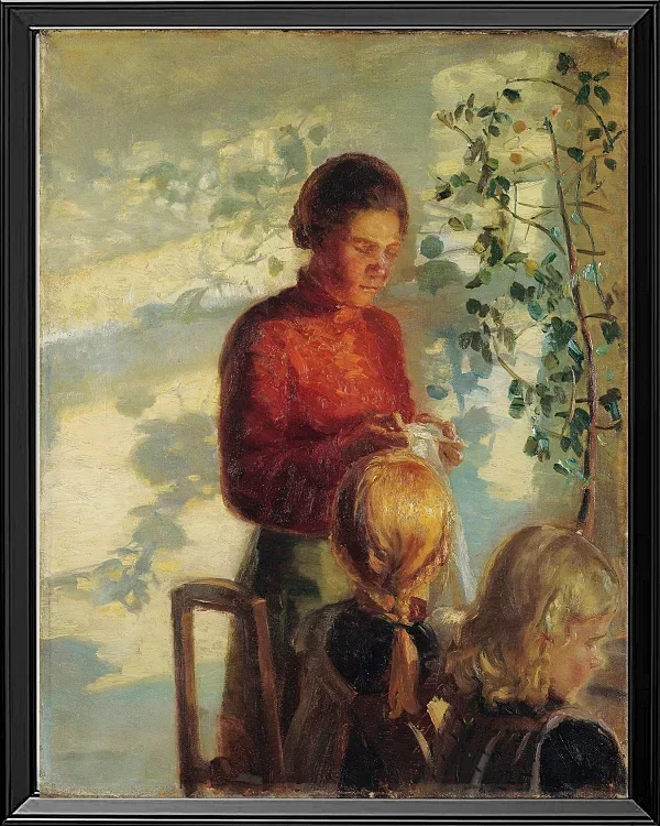Anna Ancher - Zwei kleine Mädchen lernen das Nähen 1910 | Giclée Kunstdruck gerahmt