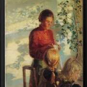 Anna Ancher - Zwei kleine Mädchen lernen das Nähen 1910 | Giclée Kunstdruck gerahmt
