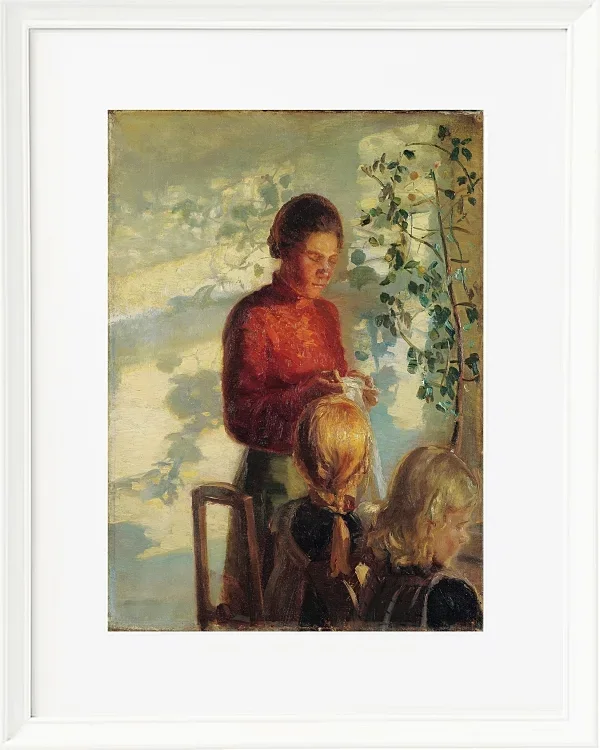 Anna Ancher - Zwei kleine Mädchen lernen das Nähen 1910 | Giclée Kunstdruck gerahmt