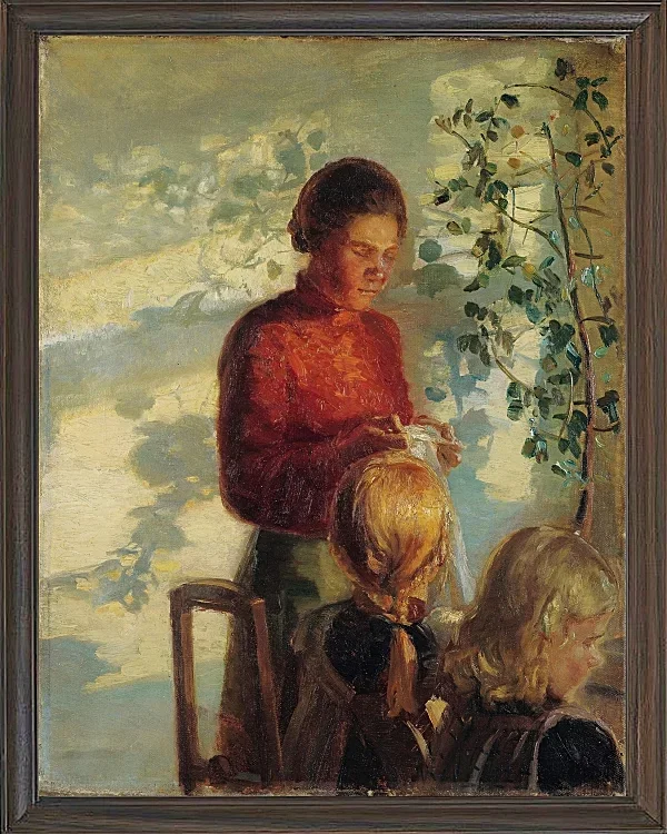 Anna Ancher - Zwei kleine Mädchen lernen das Nähen 1910 | Giclée Kunstdruck gerahmt