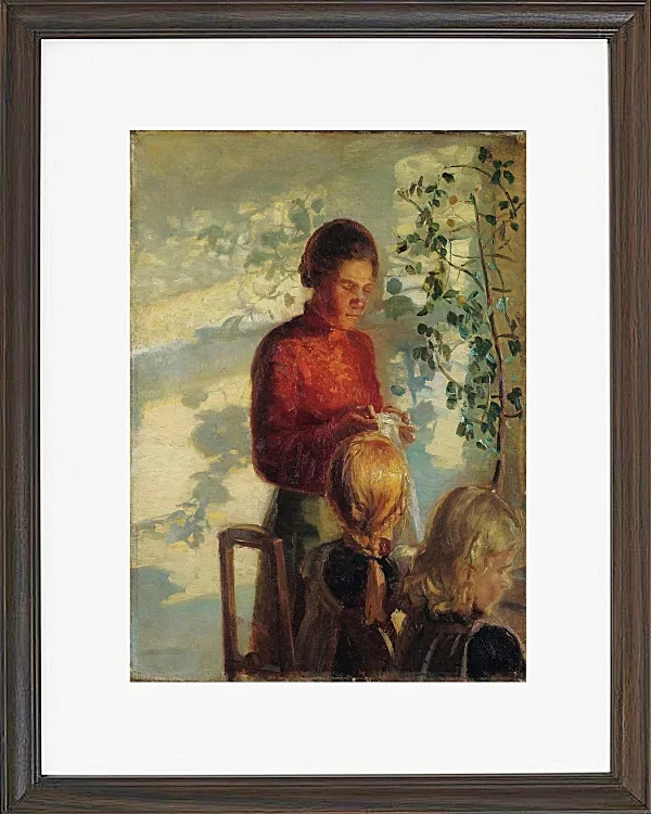 Anna Ancher - Zwei kleine Mädchen lernen das Nähen 1910 | Giclée Kunstdruck gerahmt