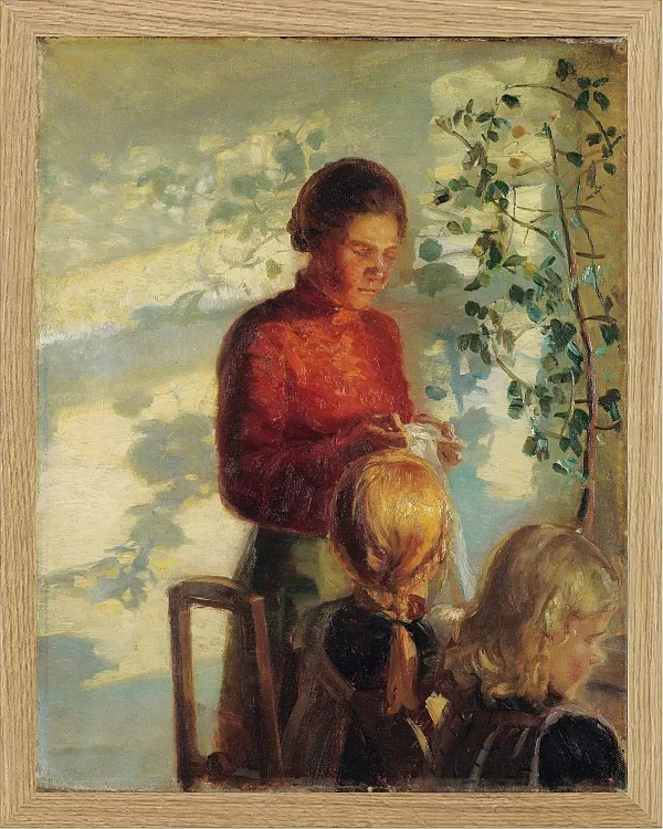 Anna Ancher - Zwei kleine Mädchen lernen das Nähen 1910 | Giclée Kunstdruck gerahmt