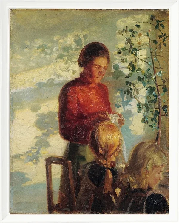 Anna Ancher - Zwei kleine Mädchen lernen das Nähen 1910 | Giclée Kunstdruck gerahmt
