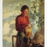 Anna Ancher - Zwei kleine Mädchen lernen das Nähen 1910 | Giclée Kunstdruck gerahmt