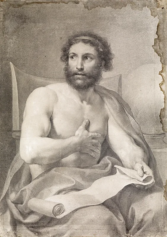 Anton Raphael Mengs | En siddende mandlig nøgenfigur - 1760 | Indrammet kunsttryk | Klassicisme | formida