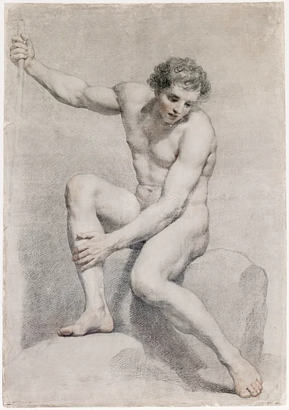 Anton Raphael Mengs | En siddende mandlig nøgenfigur - 1760 | Indrammet kunsttryk | Klassicisme | formida