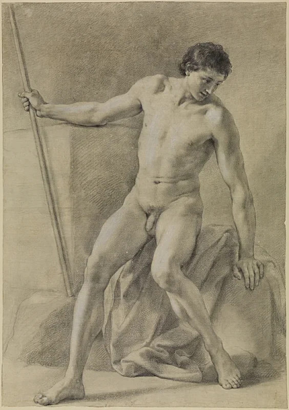 Anton Raphael Mengs | Siddende mandlig nøgenfigur, stav i højre hånd - 1759 | Indrammet kunsttryk | Klassicisme | formida