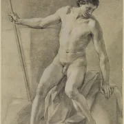 Anton Raphael Mengs | Siddende mandlig nøgenfigur, stav i højre hånd - 1759 | Indrammet kunsttryk | Klassicisme | formida