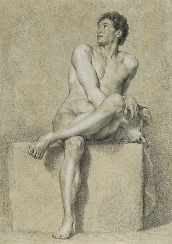 Anton Raphael Mengs | Siddende mandlig nøgen, set forfra - 1759 | Indrammet kunsttryk | Klassicisme | formida