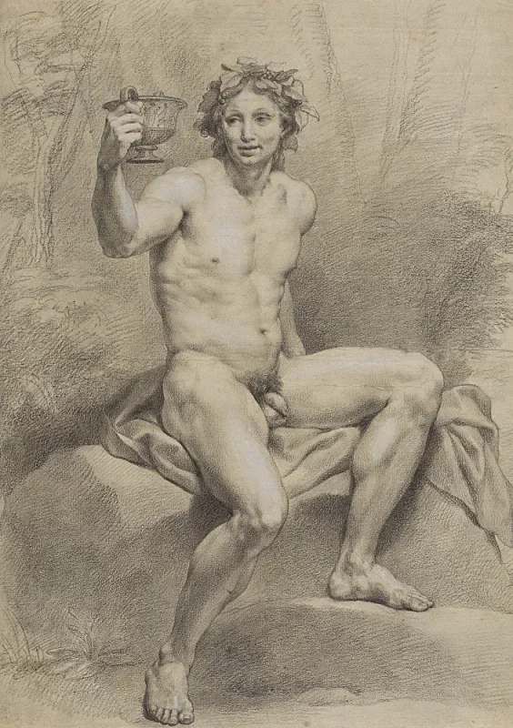 Anton Raphael Mengs | Siddende mandlig nøgenfigur med vinbladskrans - 1759 | Indrammet kunsttryk | Klassicisme | formida