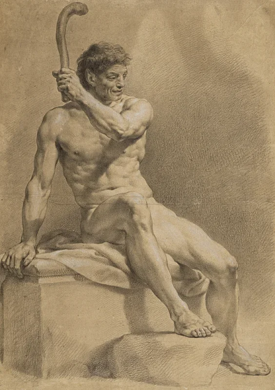 Anton Raphael Mengs | Siddende nøgen mand, holder en lille kølle i vejret med venstre hånd - 1759 | Indrammet kunsttryk | Klassicisme | formida