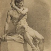 Anton Raphael Mengs | Siddende nøgen mand, holder en lille kølle i vejret med venstre hånd - 1759 | Indrammet kunsttryk | Klassicisme | formida