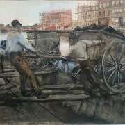 Arbeiter, die einen schwer beladenen Karren ziehen - 1900