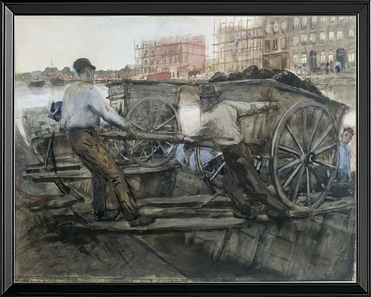 Arbeiter, die einen schwer beladenen Karren ziehen - 1900