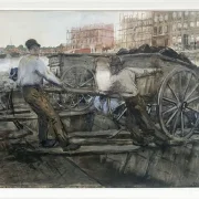 Arbeiter, die einen schwer beladenen Karren ziehen - 1900