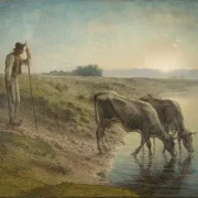 Bauer tränkt seine Kühe am Ufer des Allier River - 1868