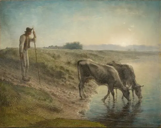 Bauer tränkt seine Kühe am Ufer des Allier River - 1868