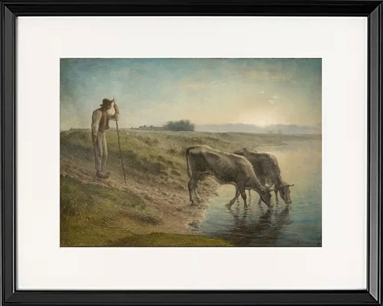 Bauer tränkt seine Kühe am Ufer des Allier River - 1868