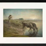 Bauer tränkt seine Kühe am Ufer des Allier River - 1868