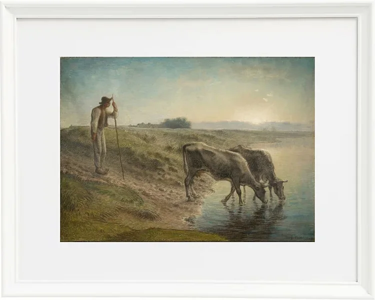 Bauer tränkt seine Kühe am Ufer des Allier River - 1868