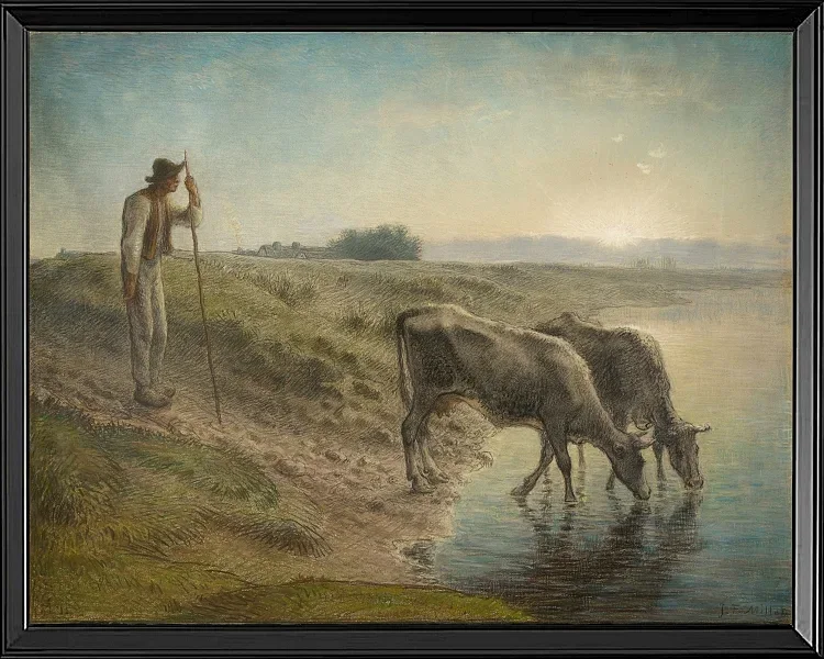 Bauer tränkt seine Kühe am Ufer des Allier River - 1868