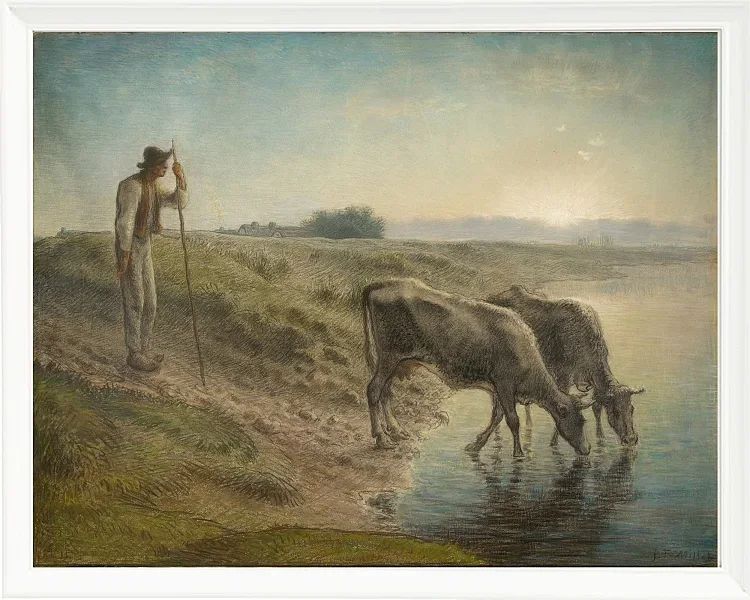 Bauer tränkt seine Kühe am Ufer des Allier River - 1868