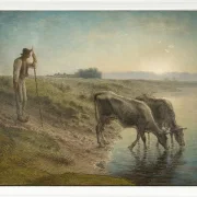 Bauer tränkt seine Kühe am Ufer des Allier River - 1868