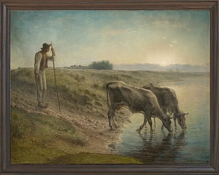 Bauer tränkt seine Kühe am Ufer des Allier River - 1868