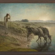 Bauer tränkt seine Kühe am Ufer des Allier River - 1868