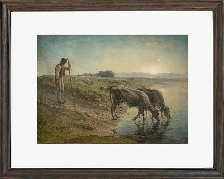 Bauer tränkt seine Kühe am Ufer des Allier River - 1868