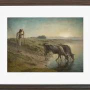 Bauer tränkt seine Kühe am Ufer des Allier River - 1868