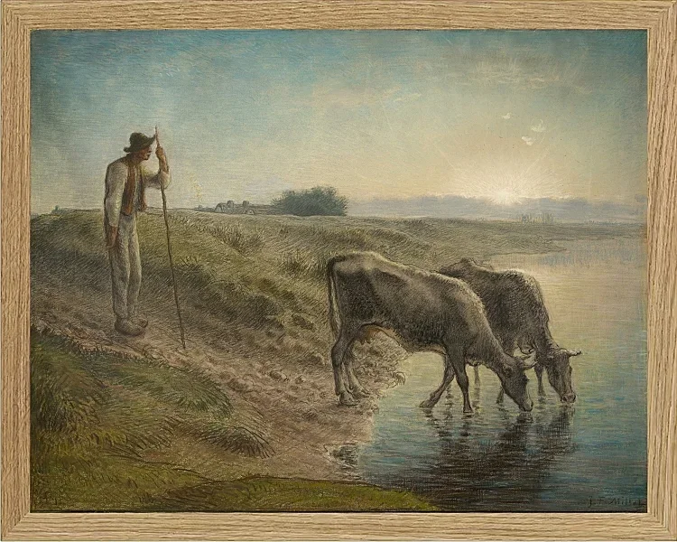 Bauer tränkt seine Kühe am Ufer des Allier River - 1868