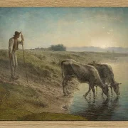 Bauer tränkt seine Kühe am Ufer des Allier River - 1868