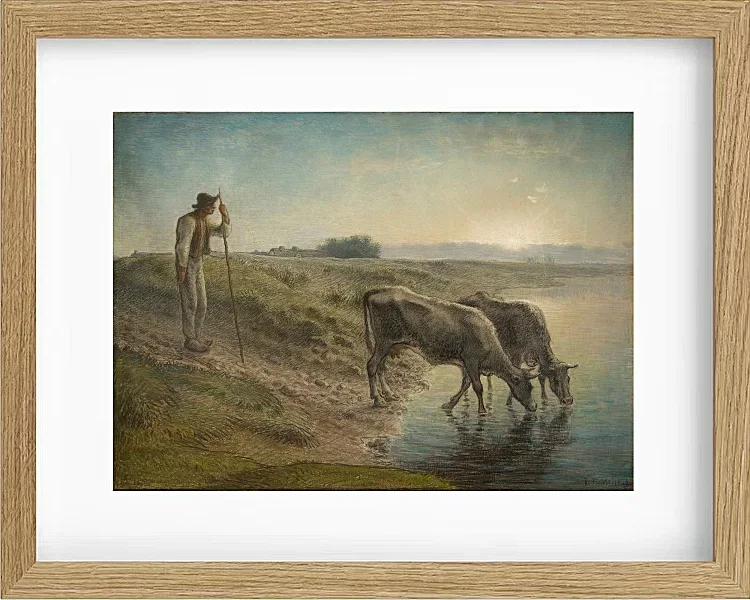 Bauer tränkt seine Kühe am Ufer des Allier River - 1868