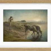 Bauer tränkt seine Kühe am Ufer des Allier River - 1868