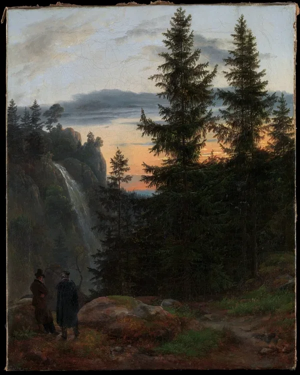 Blick über eine Bergschlucht mit Wasserfall - 1823