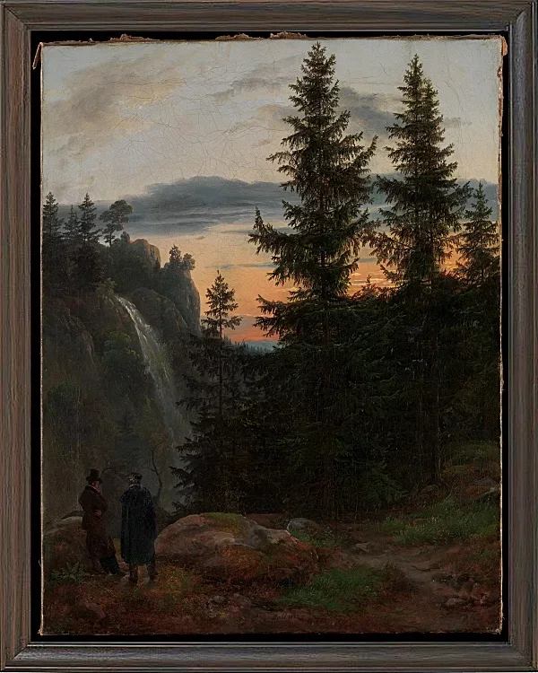 Blick über eine Bergschlucht mit Wasserfall - 1823