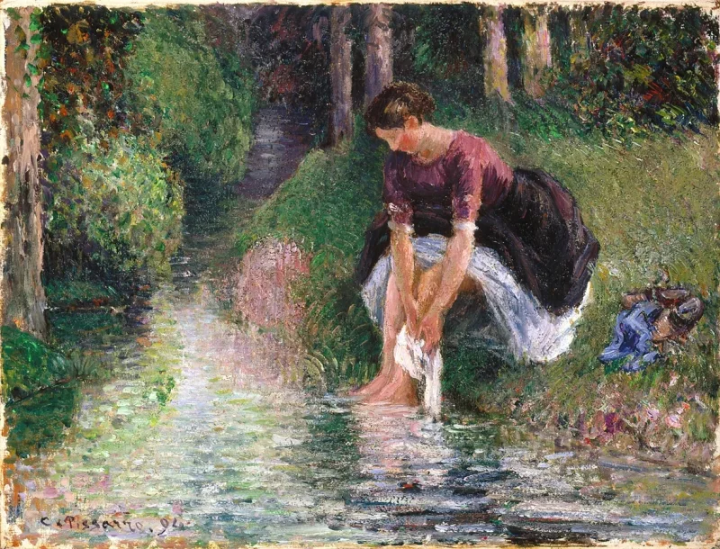 Camille Pissarro - Frau wäscht ihre Füße in einem Bach 1894 | Giclée Kunstdruck gerahmt