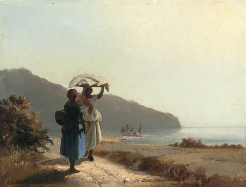 Camille Pissarro - Zwei Frauen unterhalten sich am Meer, St. Thomas 1856 | Giclée Kunstdruck gerahmt