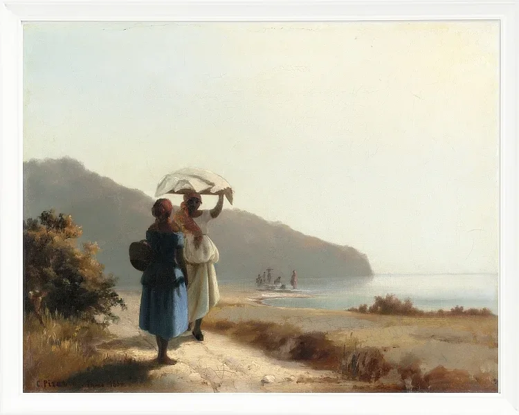 Camille Pissarro - Zwei Frauen unterhalten sich am Meer, St. Thomas 1856 | Giclée Kunstdruck gerahmt