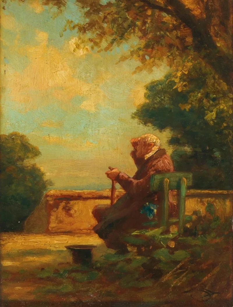 Carl Spitzweg – Alter Mann auf einer Bank 1865 | Giclée Kunstdruck gerahmt