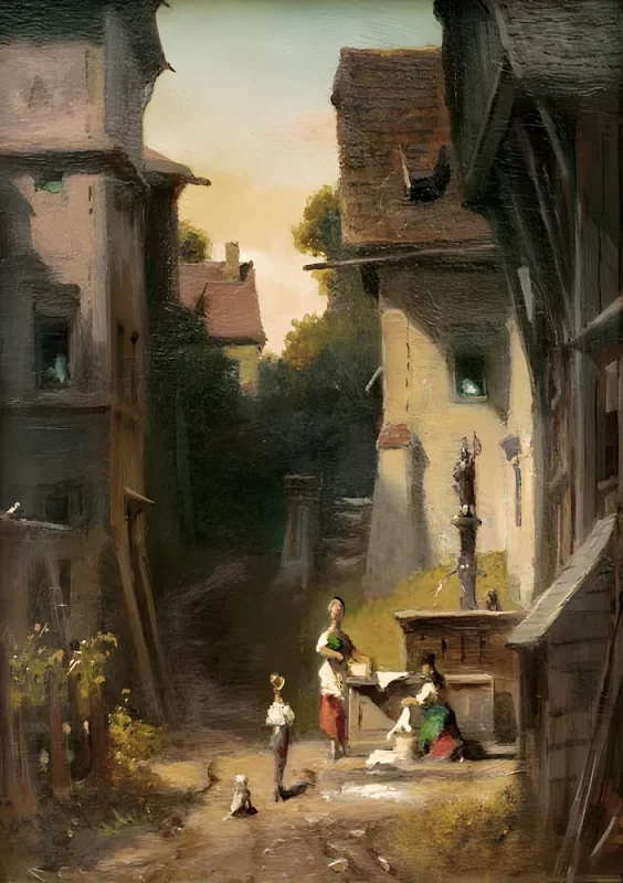 Carl Spitzweg | Am Stadtbrunnen – 1865 | Gerahmter Kunstdruck | Romantik | formida