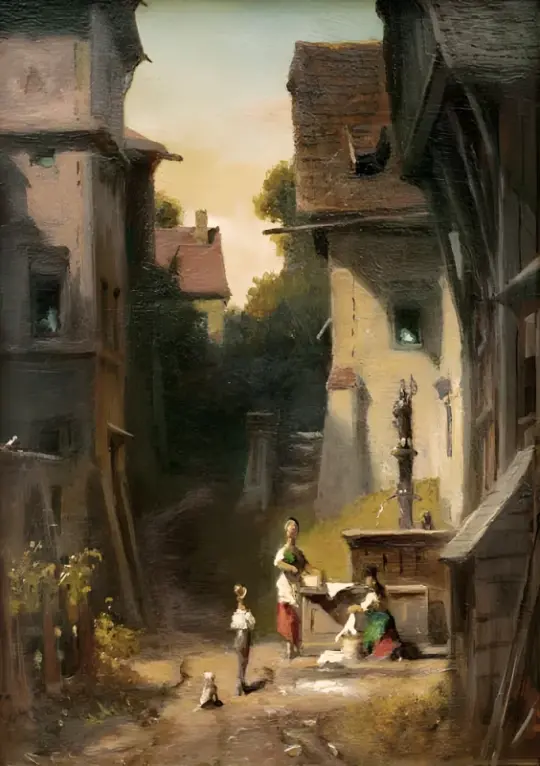 Carl Spitzweg | Am Stadtbrunnen – 1865 | Gerahmter Kunstdruck | Romantik | formida