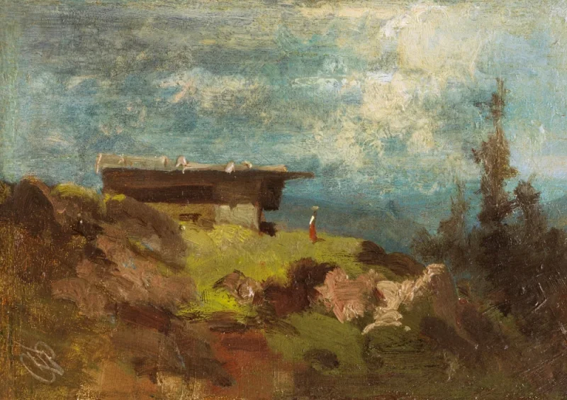 Carl Spitzweg | Bäuerin vor einer Almhütte - 1870 | Gerahmter Kunstdruck | Romantik | formida