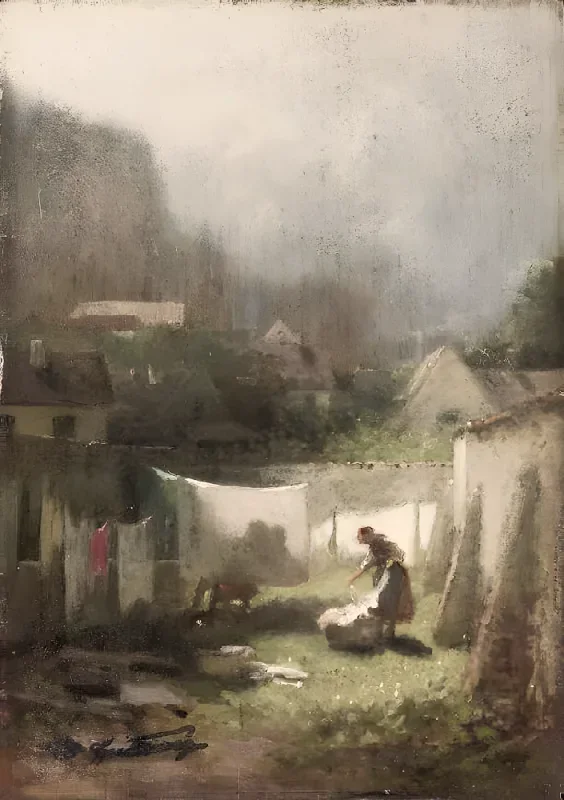 Carl Spitzweg | Beim Wäsche aufhängen - 1875 | Gerahmter Kunstdruck | Romantik | formida