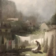 Carl Spitzweg | Beim Wäsche aufhängen - 1875 | Gerahmter Kunstdruck | Romantik | formida