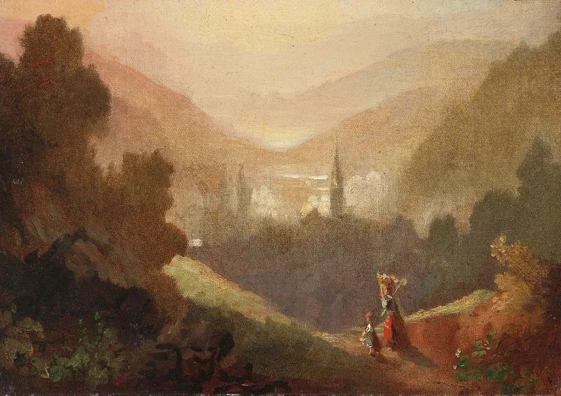 Carl Spitzweg | Bjerglandskab med mejeripige og barn - 1870 | Indrammet kunsttryk | Romantik | formida