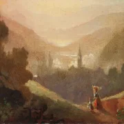 Carl Spitzweg | Bjerglandskab med mejeripige og barn - 1870 | Indrammet kunsttryk | Romantik | formida