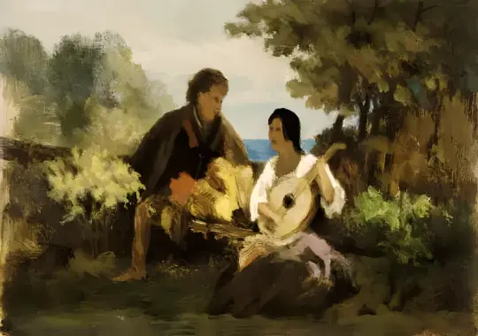 Carl Spitzweg | Mandolinsangen - 1875 | Indrammet kunsttryk | Romantik | formida